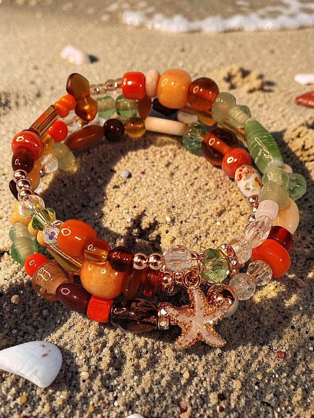 "Coral Dream" Handmade Wire Bracelet With Seashell Starfish Charms